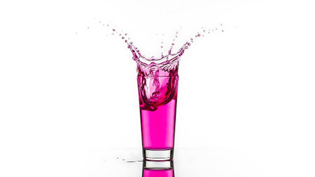 pink cocktail splashing out of a glass isolated on white backgroundの素材