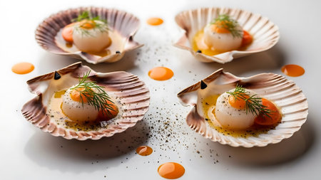 Scallops with dill and egg yolk on white backgroundの素材