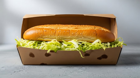 Delicious hot dog with lettuce in a cardboard box on a gray backgroundの素材