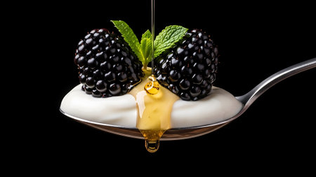 Blackberries in a spoon with yogurt and honey on a black backgroundの素材