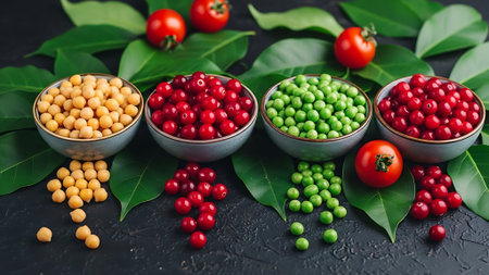 Cranberry, cranberry, pea and cherry on black backgroundの素材