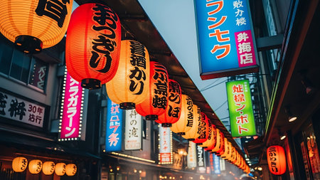 Red lanterns in Kyoto, Japanの素材