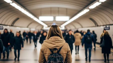 Blurred image of a young woman with backpack walking in the subway.の素材