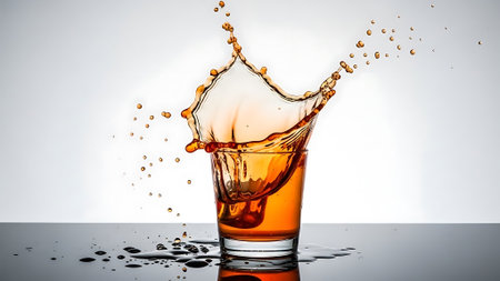 Splash of whiskey in a glass with splashes on a white backgroundの素材