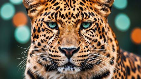 Portrait of leopard with bright green eyes in front of bokeh backgroundの素材