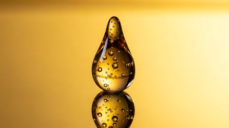 Golden drop of water on a yellow background. 3d rendering.の素材