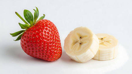 Strawberry and banana isolated on white background, selective focus.の素材