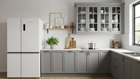 3d Illustration of white modern kitchen in a house with a beautiful designの素材