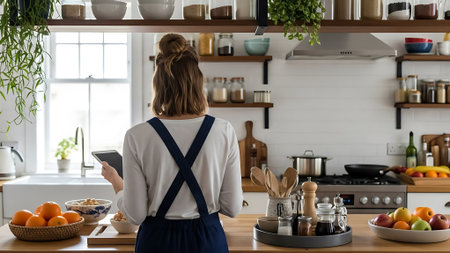 Back view of young woman using digital tablet while standing in modern kitchenの素材