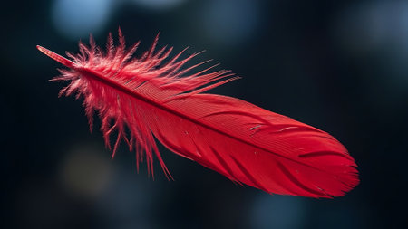Red bird feather on a dark background. Shallow depth of field.の素材
