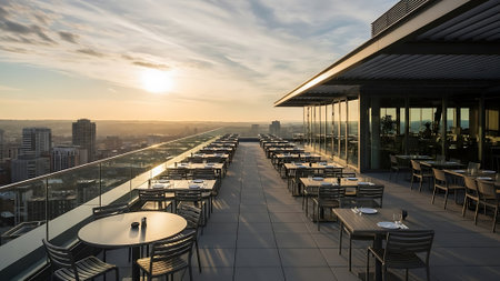 Cafe terrace with tables and chairs on the roof of the buildingの素材