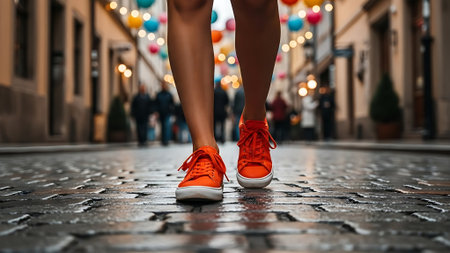Cropped image of young woman in red sneakers running in the cityの素材