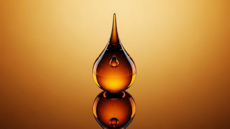 3d illustration of a drop of oil with reflection on orange backgroundの素材
