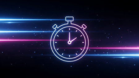 Stopwatch and neon lights. Time management concept. 3D Renderingの素材