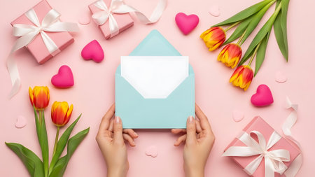 Top view of female hands holding envelope, tulips, gift boxes and hearts on pink backgroundの素材