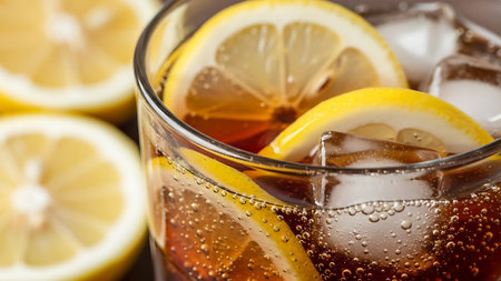 Glass of cola with ice cubes and lemon slices, closeupの素材