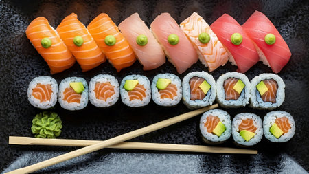 Sushi roll with salmon, tuna, shrimp, avocado, cucumber, wasabi and chopsticksの素材
