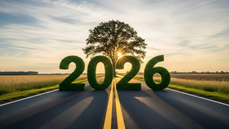 Happy New Year 2016 concept with tree on the road in the countrysideの素材