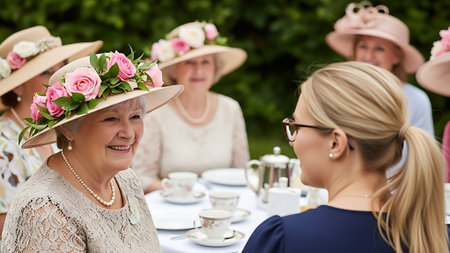 Elderly women in hats having a tea party in the gardenの素材