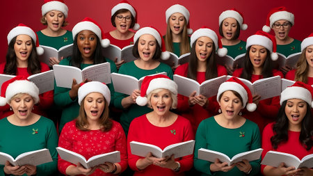 Group of happy women in santa hats reading christmas books on red backgroundの素材