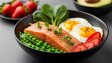 Healthy breakfast with fried eggs, salmon and vegetables on black backgroundの素材