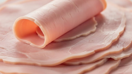 Slices of ham on a white background. Close-up.の素材