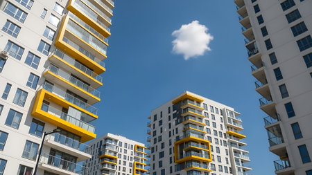 Modern apartment buildings on a sunny day with a blue sky. Facade of a modern apartment buildingの素材