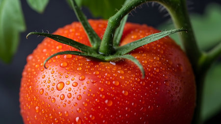 Close up of a red tomato with water droplets on it.の素材