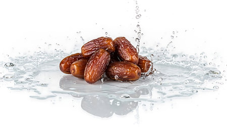 Dates in water splash isolated on white background. Fresh fruits.の素材