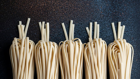 Uncooked Italian pasta on black background, top view, copy spaceの素材