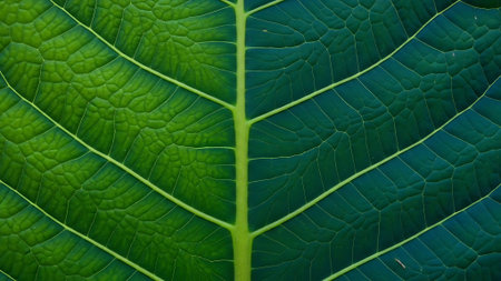 Close up of a green leaf with veins and holes in it.の素材
