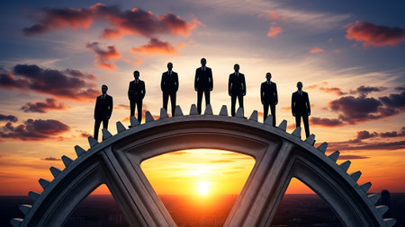 Silhouettes of business people standing on gears against cityscape at sunsetの素材