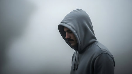 Man Wearing a Hood on a Foggy Day Looking at Camera, Moody Outdoor Portrait, Mysterious Atmosphere, Urban Lifestyle, Street Photography, Dramatic Weather Conceptの素材