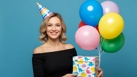 birthday, holidays, celebration and people concept - smiling young woman with gift box and balloons over blue backgroundの素材