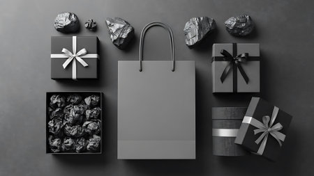 Black Friday sale concept with gift boxes and shopping bag on black background. 3D Renderingの素材
