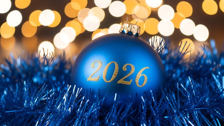 Christmas and New Year background with blue ball and bokeh lightsの素材