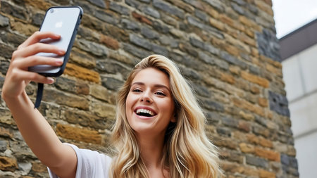 Portrait of a smiling young woman taking selfie with mobile phone outdoorsの素材