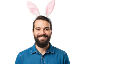 happy bearded man in bunny ears looking at camera isolated on white backgroundの素材