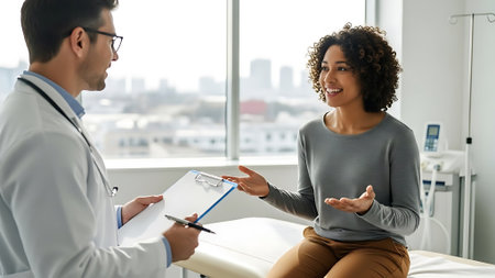 Young african american female doctor and patient discussing something while sitting at the table in medical officeの素材