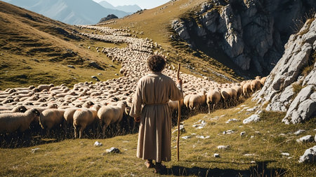 Rear view of woman shepherd walking with sheep in the mountains.の素材