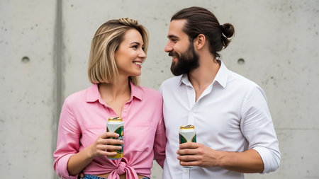 happy young couple holding coffee cups and looking at each other on streetの素材