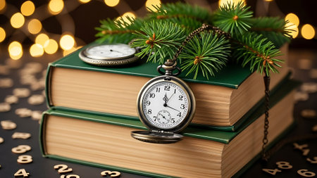 Vintage pocket watch, books and christmas tree branch on bokeh backgroundの素材