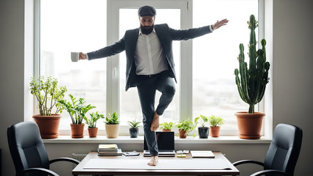Cheerful businessman jumping in the office. Successful business conceptの素材