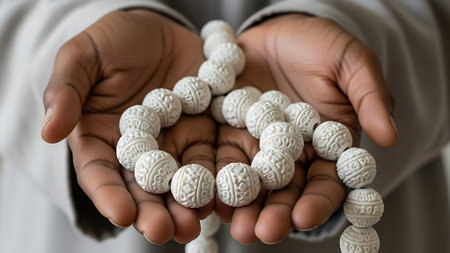 Close up of the hands of a muslim man holding a prayer beadsの素材