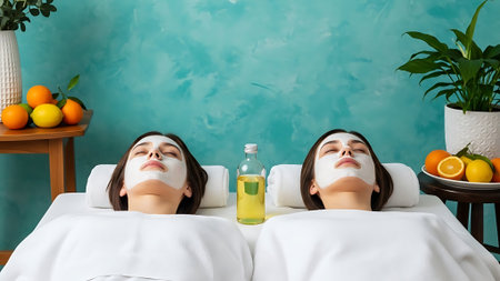 beautiful young women with facial masks and bottles of facial cleanser lying on massage tableの素材