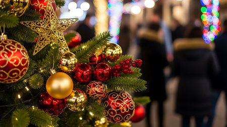 Christmas tree with red and gold balls and decorations on blurred people backgroundの素材