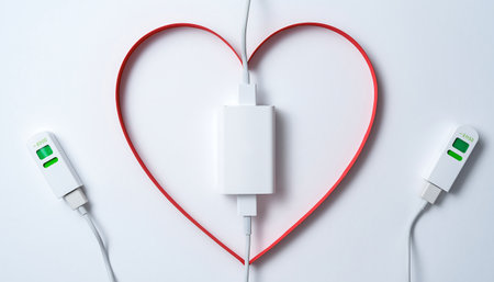 White USB charger with red heart shape on white background. Top view.の素材