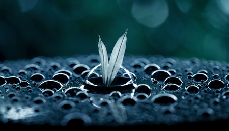 Close up of water drops on leaf with bokeh background.の素材