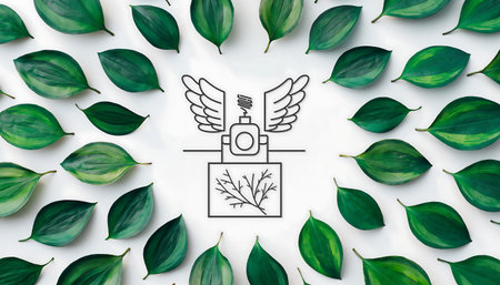 Ecology concept with green leaves and bird symbol on white background.の素材
