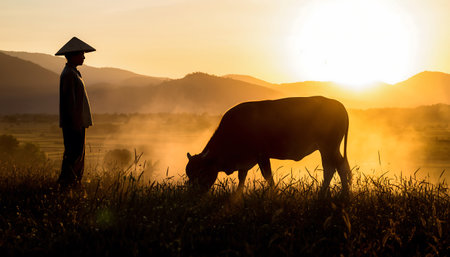 Silhouette of farmer with cow on the field at sunset.の素材
